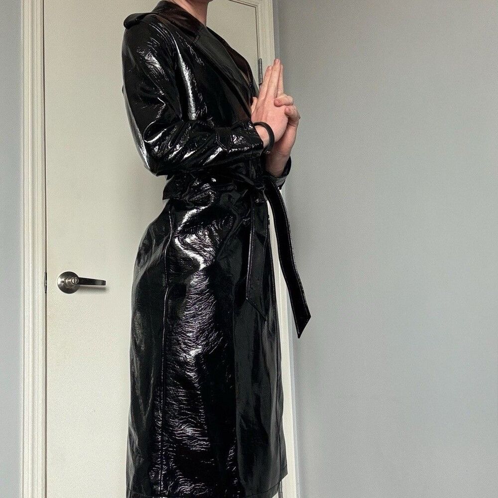 Chic Slim FIt Express Patent Leather Shiny Distressed Belted Trench Coat Sz XS